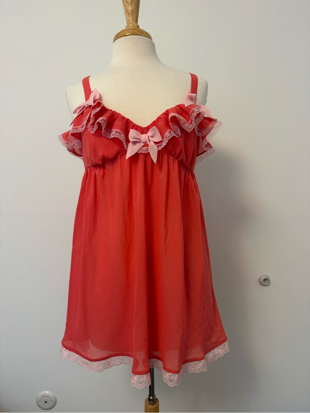 Victoria's Secret Red Babydoll Chemise with Pink Bow Accents